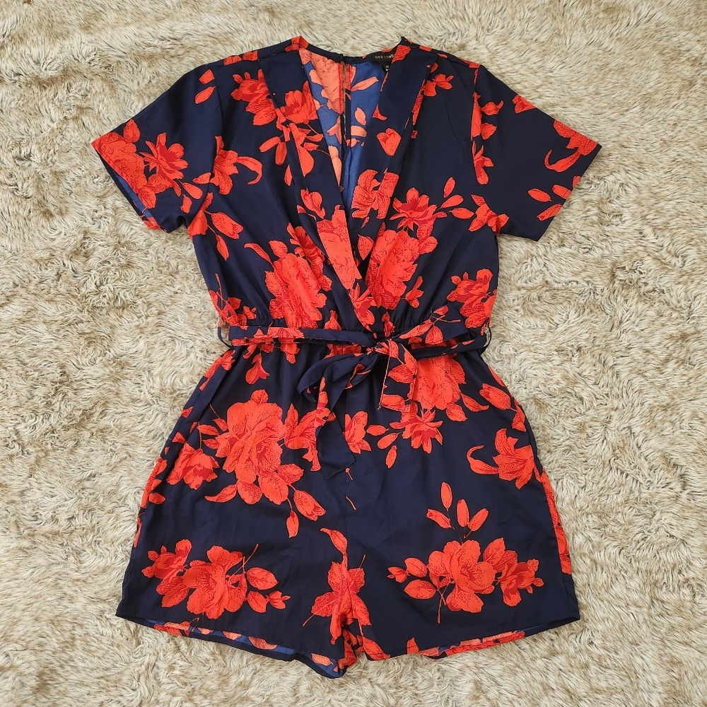 QED London Short Sleeve Romper Navy‎ Blue Red Floral UK Size 14 US Size 10